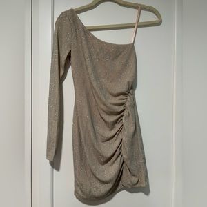 Jump Apparel party dress for tweens. One-shoulder, sparkly, ruched in the front.